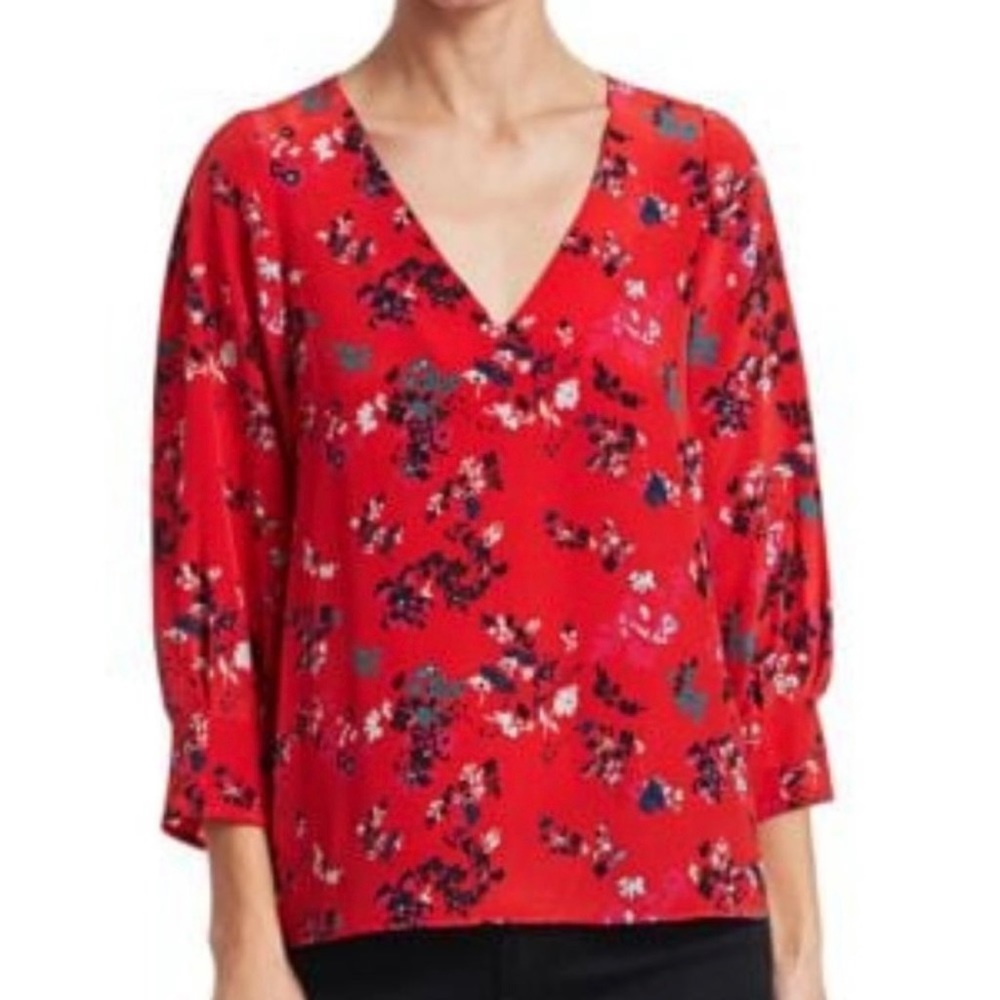 Tanya Taylor Clio Flowy Floral Clusters 100% Silk Red Top Blouse 2
